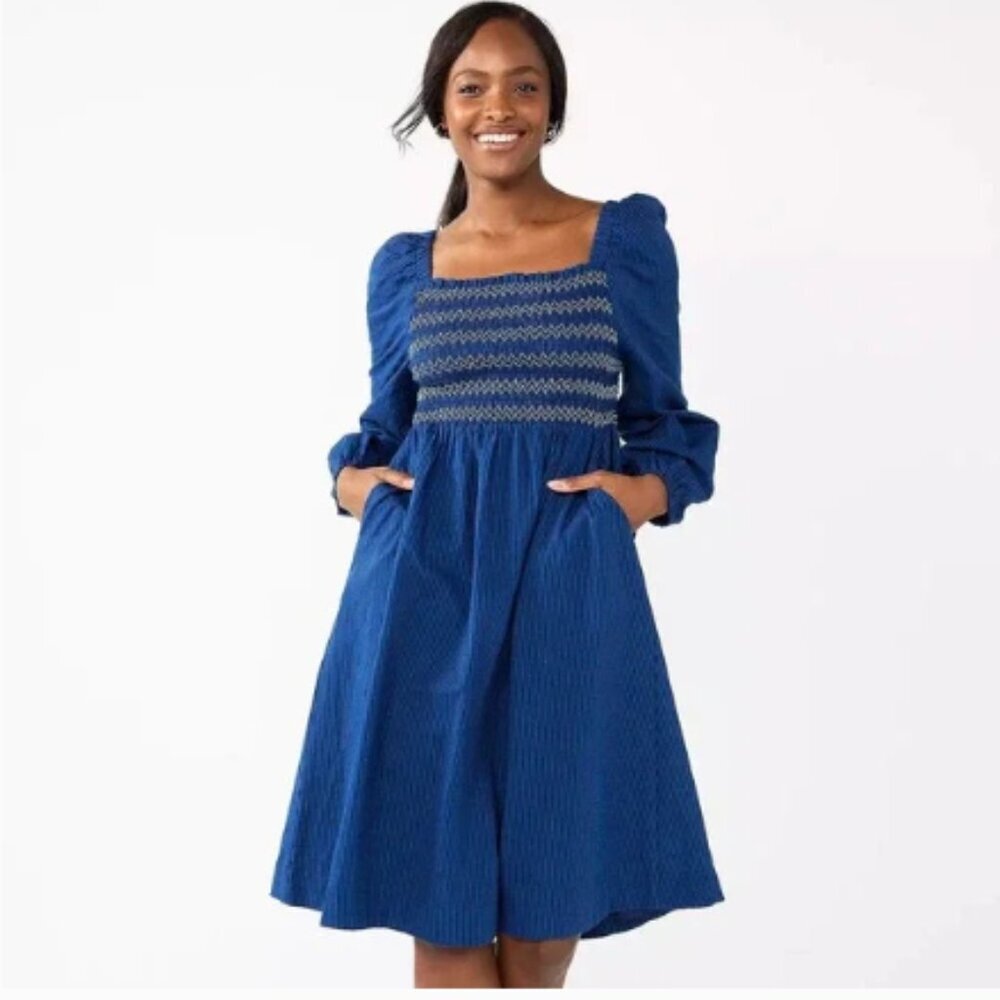 Draper James RSVP Women's Size Large Dress Smocked Puff Sleeve Navy Blue Striped
